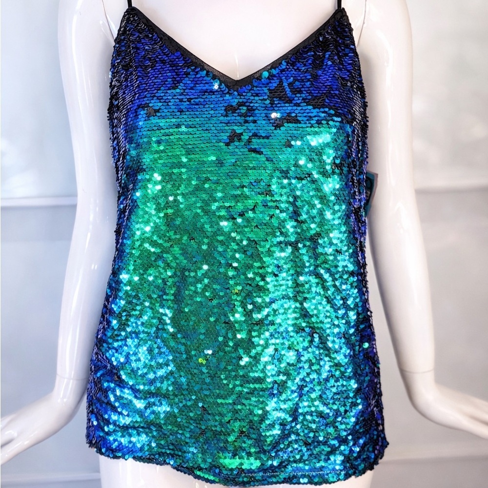 🧜‍♀️ SIMONS ICÔNE NWT 2 Color Reversible Sequin Teal Cami Mermaid Party Top Sz S
